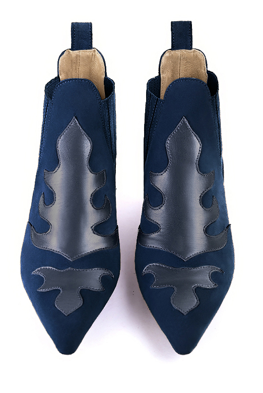 Navy blue women's ankle boots, with elastics. Pointed toe. Low cone heels. Top view - Florence KOOIJMAN